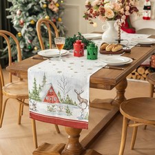 Best Christmas Table Runner Red Cabin in Snow, 18x90 inches Long, Winter Dining