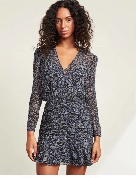 Veronica Beard Long Sleeve Silk Rosalie Mini Dress Blue 00 Flutter