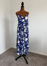 Seafolly Australia Sleeveless V-Neck Blue/White Floral Belted Midi Dress Size S