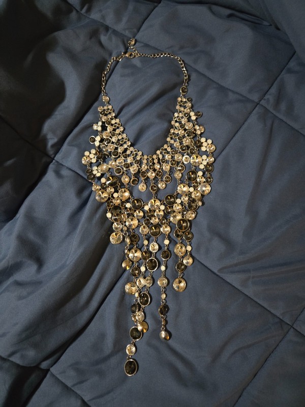 Black & Silver Tone Rhinestone Statement Necklace Bib Fringe Fashion Jewelry