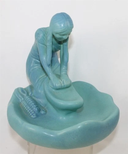 Van Briggle Pottery Figurine Native American Grinding Corn Turquoise Color