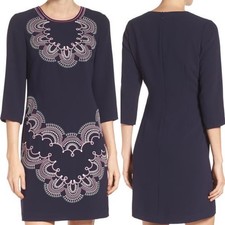 Eliza J Embroidered Crepe A-Line Dress 3/4 Sleeve Navy Pink Women's Size 10