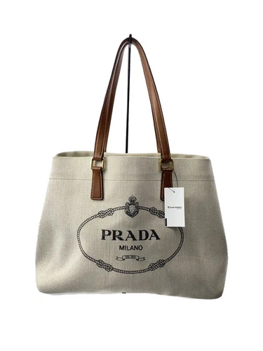 Sac fourre tout PRADA toile beige 1BG356 lin mélangé cuir logo occasion