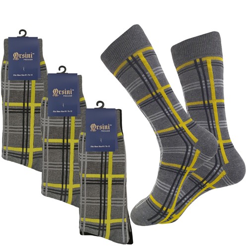 1-3-6-12 Pair Plaid First quality GRAY YELLOW Men's COTTON Dress Socks 10-13 - Picture 3 of 8