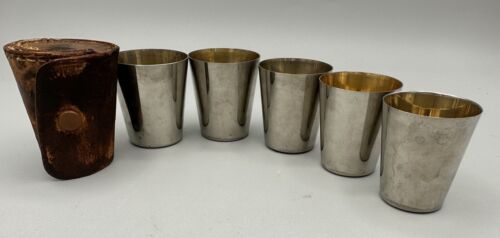 5 Vintage Silver Plate Travel Shot Glasses & Leather Case Nesting Camping