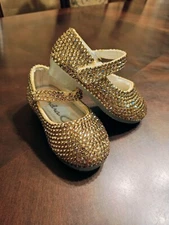 Gold bling toddler girls pageant shoes custom by Sondra Celli