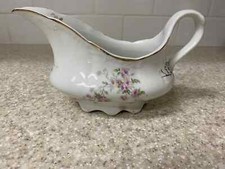 Vintage White Porcelain Gravy Boat w/ Floral Pattern - Crown Marking on Bottom