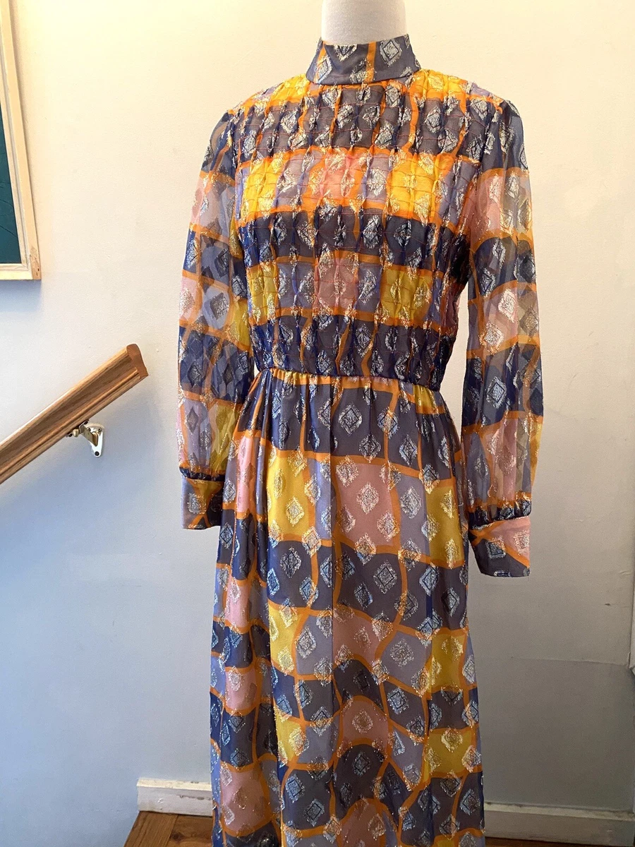 60s Vintage Saks Fifth Avenue Caftan Dress Gold Bold Print Dress