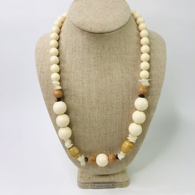 Large Chunky Acrylic & Bebble Beads Necklace 25'' Light Brown Beige Cream Color