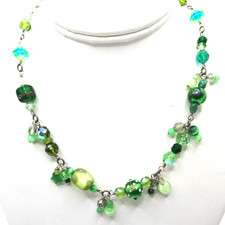 Green Glass and Crystal Beaded Necklace Vintage Toggle Clasp