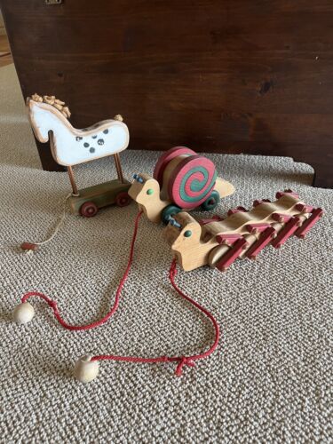 Vintage American Made Solid Wood Hand Painted Large Size Set (3) Child Pull Toys - Picture 1 of 10