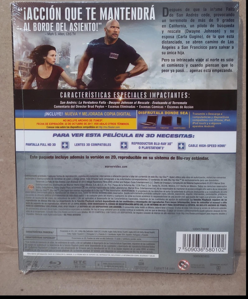 NEW - San Andreas 3D Blu-ray 2015 [Warner Bros] Dwayne Johnson Mexico edition - Image 2 of 2