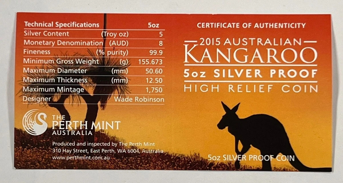 2015-P Australia 5 Oz S$8 Alto Relieve Canguro NGC PF70 Ultra Cameo Caja CoA