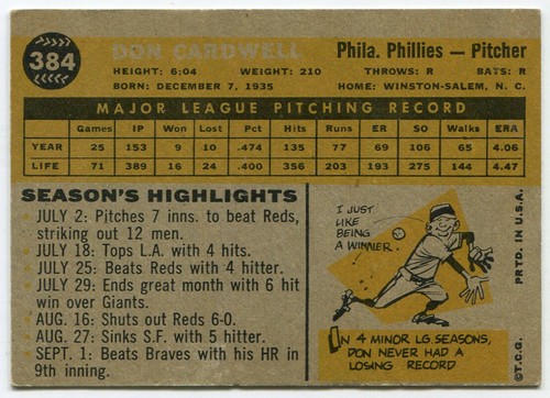 1960 Topps #384 Don Cardwell Philadelphia Phillies - Bild 2 von 2