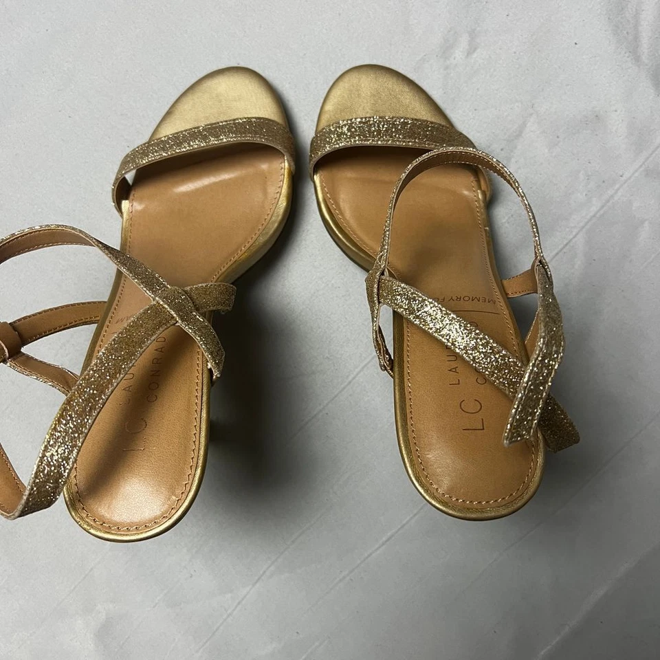 LC Lauren Conrad 榛子金色闪光高跟鞋绑带踝凉鞋 9 码 — 第 3/4 张图片