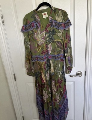 FARM RIO Women CHIFFON Wild JUNGLE Green Handkerchief MIDI Dress M MSRP$280