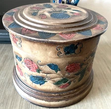 Vintage Norwegian Bowl Box Lid Turned Wood Hand Painted Rosemailing Folk Art 7"