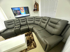 Grey Leather Corner Recliner Sofa with Cup Holder & Centre Console
