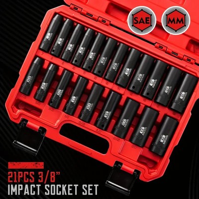 21 Pieces 3/8'' Drive Deep Impact Socket Set, Standard SAE (5/16''to 3/4'') & Metri