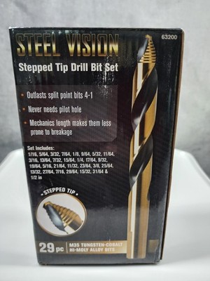 NIB STEEL VISION 29pc Stepped Tip Drill Bits #63200/M35 Tungsten/with Case