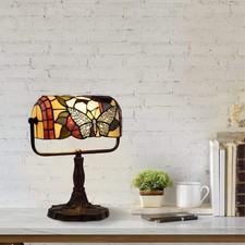 Tiffany Style Bankers Lamp-Stained Glass Butterfly Design Table or Desk Light...
