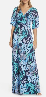 NWOT Lilly Pulitzer PARIGI MAXI DRESS Deep Indigo Blue Swish and Sway CORALS L 