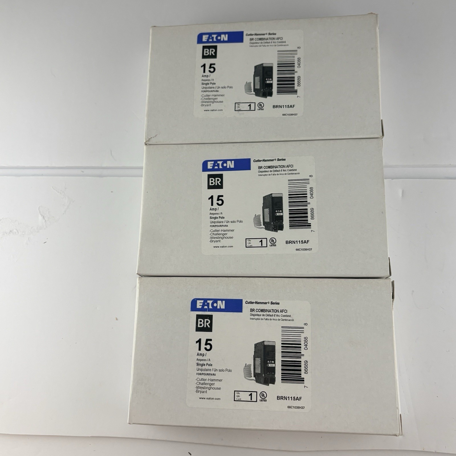 3 Eaton BRN115AF 15 Amp Single Pole 120V Pigtail-Neutral AFCI Arc Fault Circuit