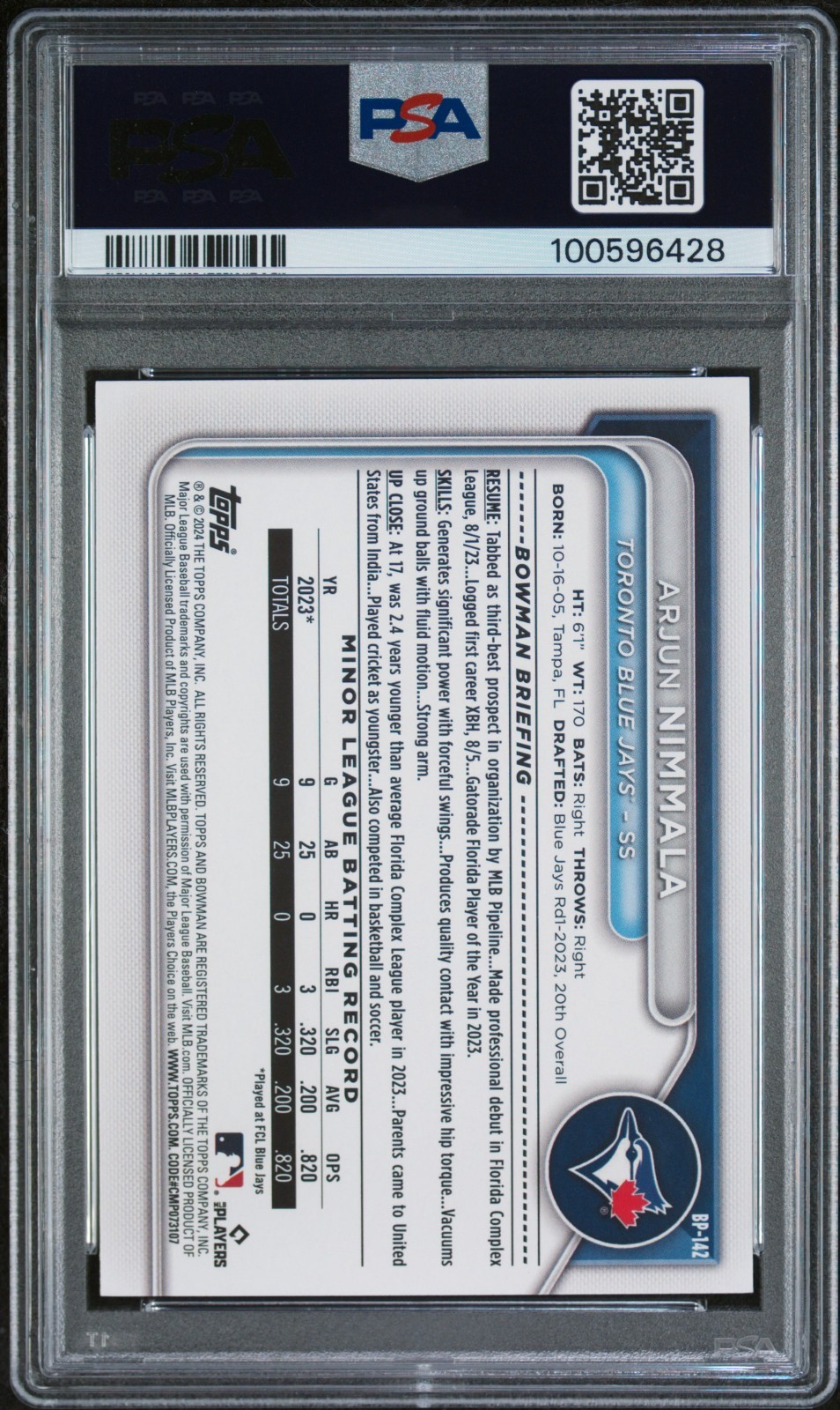 2024 Bowman - Prospects Arjun Nimmala #BP-142 Purple Pattern /199 (RC) PSA 10 view 2