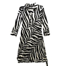 Talbots Zebra Print Dress Womens M Black White Long Sleeve Jersey Knit Tie Waist