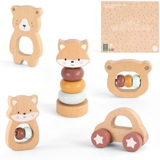 Wooden Montessori Toys, 5-Piece Wooden Baby Toys, Bear Wooden Baby Rattle, Fo...