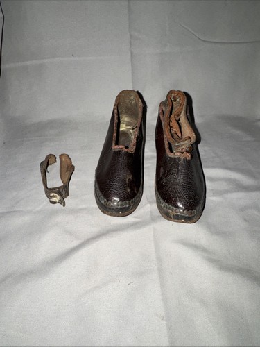 EARLY 18th century Leather Wood Iron Child Shoes Square Nails Antique