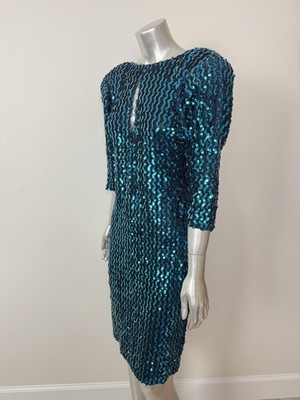 Vintage Climax David Howard Sequin Dress Womens S/M Blue 80s Stuctured Shoulder