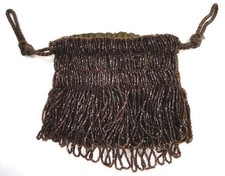 antique FLAPPER BEADED FRINGED PURSE HANDBAG drawstring FABRIC LINED brown