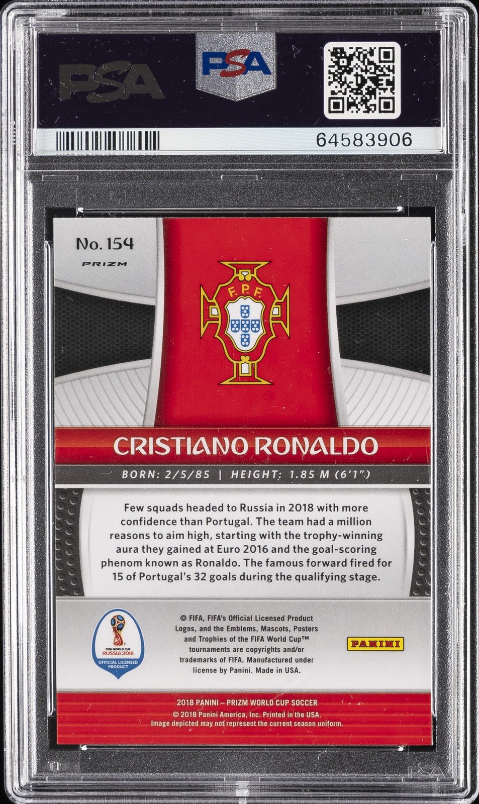 2018 PANINI PRIZM WORLD CUP RED MOSAIC PRIZM #154 CRISTIANO RONALDO PSA 9 view 2