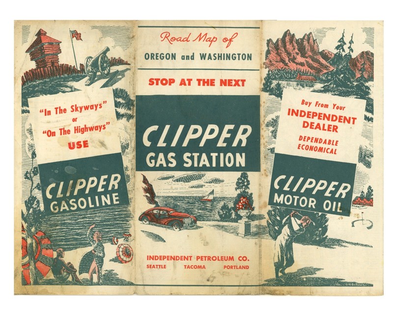 Vintage 1945 Oregon & Washington Road Map – Ind. Petroleum Co. (Clipper Gas)