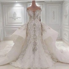 Mermaid Crystal Wedding Dresses With Overskirts Lace Ruched Sparkle Rhinstone