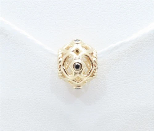 PANDORA 14K Yellow Gold Openwork Heart Black Diamond Charm