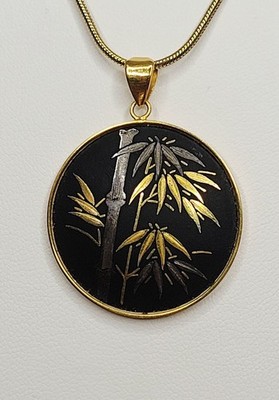 Amita Damascene Gold & Silver Bamboo Reed Pendant Motif Gold Tone 19'' Adjustable