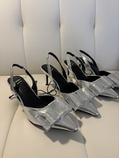 Silver Women's Slingback Heels Pointed Toe Stiletto Bow Detail Synthetic