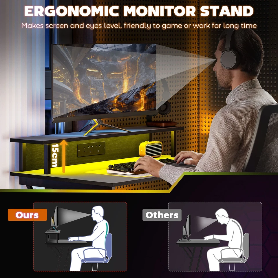 HOMCOM LED Gaming Desk with Power Outlets and Monitor Stand 100 x 60cm Black - Image 4 of 4