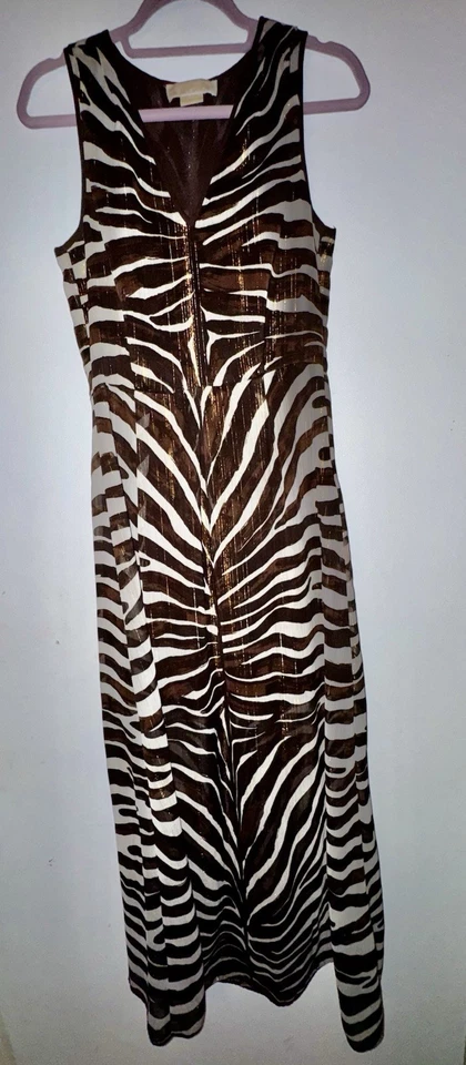 Maxi Vestido Michael Kors Sin Mangas Marrón Estampado Cebra 4P Foto 2 de 4