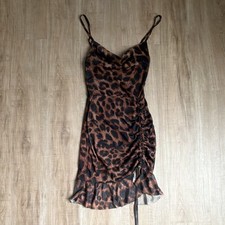 PRETTYLITTLETHING Animal Print Ruched Cowl Neck Slip Mini Dress S
