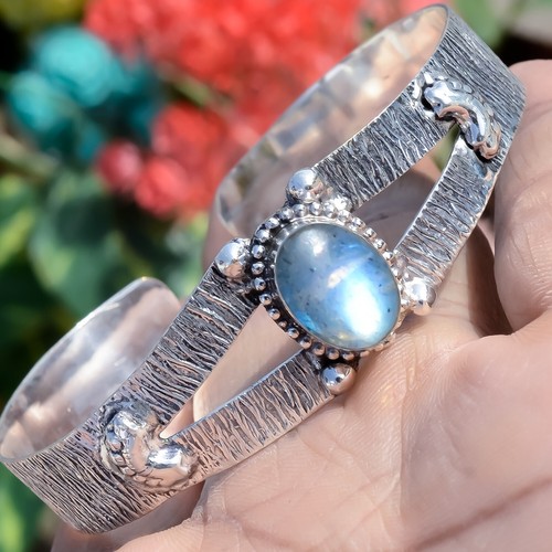 Blue Labradorite Gemstone Bangle 925 Sterling Silver Handmade Bracelet Jewelry - Picture 11 of 12