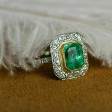 14K Two-Tone Gold Over Real Green Emerald 2CT Emerald Cut Wedding Jewelry Ring