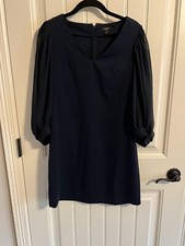 #555.Ann Taylor Factory Navy V-neck Dress W/ Sheer Long Sleeves Dress. 0Petite.