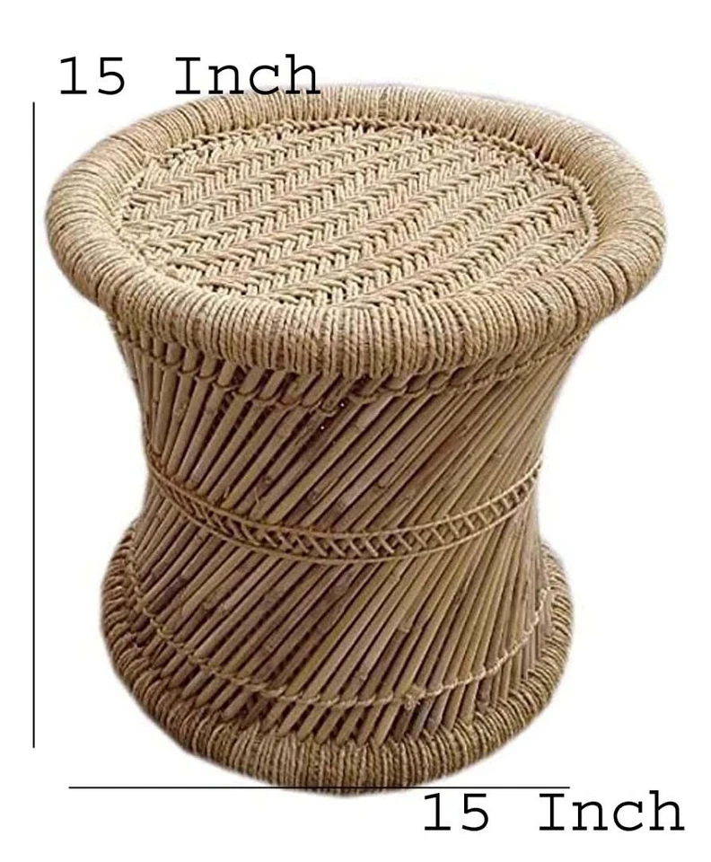 Natural & Handmade Bamboo Mudda with Beige Design Cane Stool Stool 15 X 15 INCH - Image 4 of 4