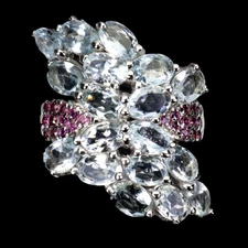 925 Sterling Silver Ring Oval Aquamarine Rhodolite Garnet Gemstone jewelry Sz 9