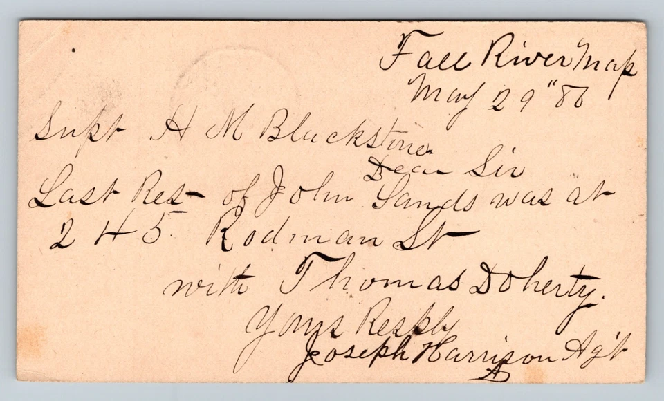 c1886 Fall River To Superintendent Of State Work House MA Residence Check 1c - Image 2 of 2