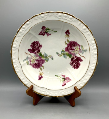 Antique Sevres China Co Porcelain Bowl Pink Roses w/Gold Trim  Raised Design Rim