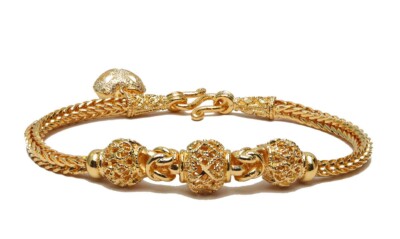 Lovely Byzantine Mix Beads 7'' Heart Charm Bracelet 24K Gold GP Thai Made GT5
